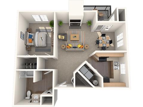 Floor plan for 1 bed, 1 bath, 736 sqft